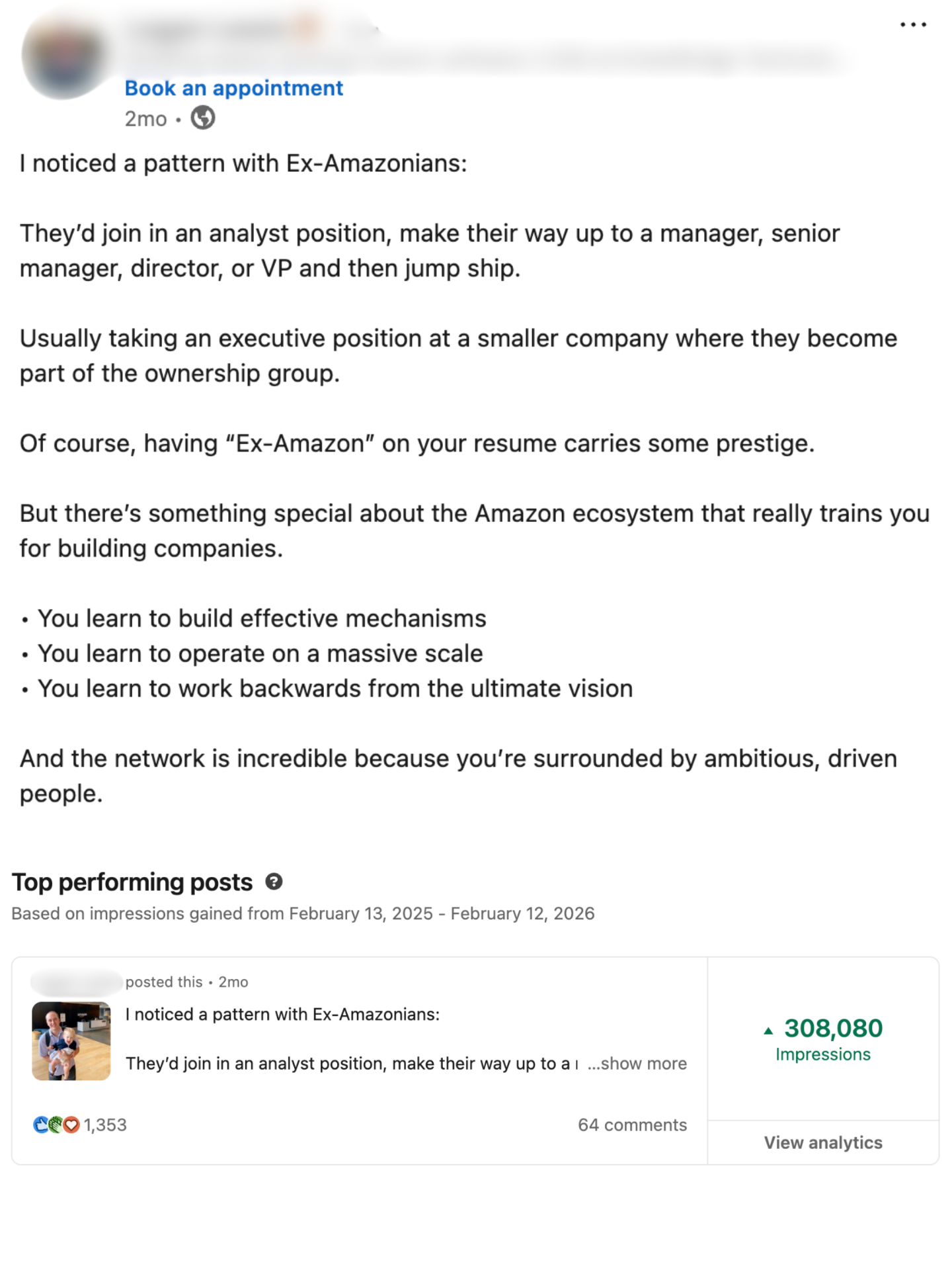 LinkedIn post analytics showing 308,080 impressions